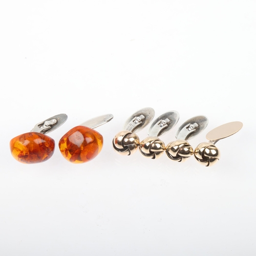 1559 - 3 pairs of Danish sterling silver and silver-gilt cufflinks, including amber example, 19.9mm, 22.7g ... 