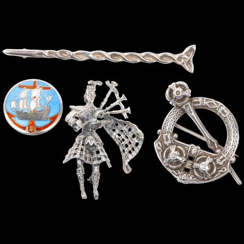 1563 - Various silver jewellery, including Joseph Leton Celtic triquetra long brooch, sterling bagpiper bro... 