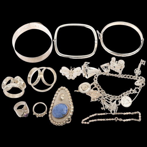 1565 - Various silver jewellery, including charm bracelet, scarf rings, christening bangle, etc, 200g gross