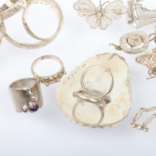 1565 - Various silver jewellery, including charm bracelet, scarf rings, christening bangle, etc, 200g gross