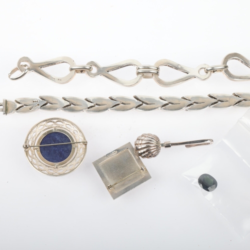 1568 - Various silver jewellery, including Mexican stylised leaf panel bracelet, 20cm, unmounted sapphire s... 