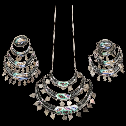 1569 - A Persian silver and enamel tiered necklace and earring set, necklace 46cm, earrings 63.4mm, 28.5g t... 