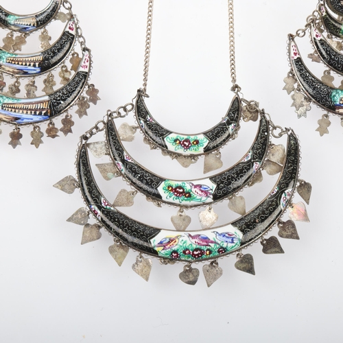 1569 - A Persian silver and enamel tiered necklace and earring set, necklace 46cm, earrings 63.4mm, 28.5g t... 