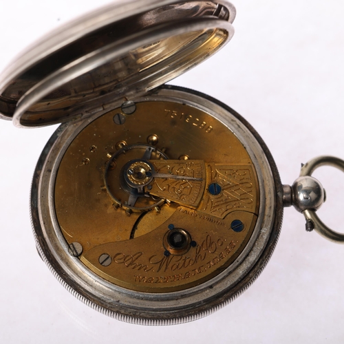 1051 - WALTHAM - a 19th century silver-cased full hunter key-wind pocket watch, white enamel dial with Roma... 