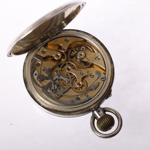 1053 - An early 20th century silver-cased open-face keyless chronograph pocket watch, white enamel dial wit... 