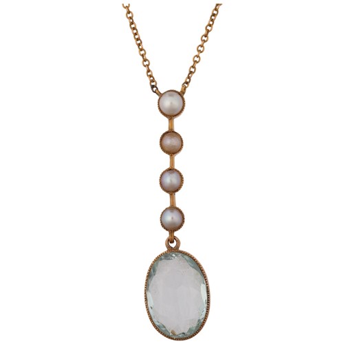 1253A - An Edwardian aquamarine and split pearl line pendant necklace, rub-over set with 4.35ct oval mixed-c... 