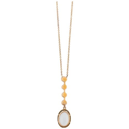 1253A - An Edwardian aquamarine and split pearl line pendant necklace, rub-over set with 4.35ct oval mixed-c... 