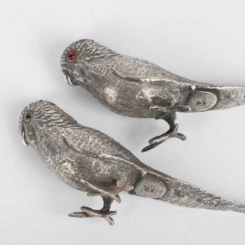 1600 - A pair of Edwardian novelty silver figural budgerigar bird pepperettes, George Bedingham, London 190... 