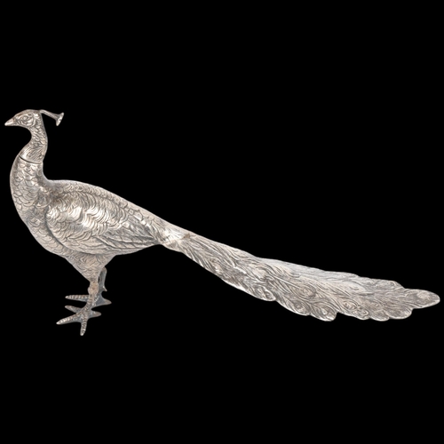 1601 - A large Antique German 800 silver figural peacock bird scent bottle/table scatter, circa 1900, 29cm,... 