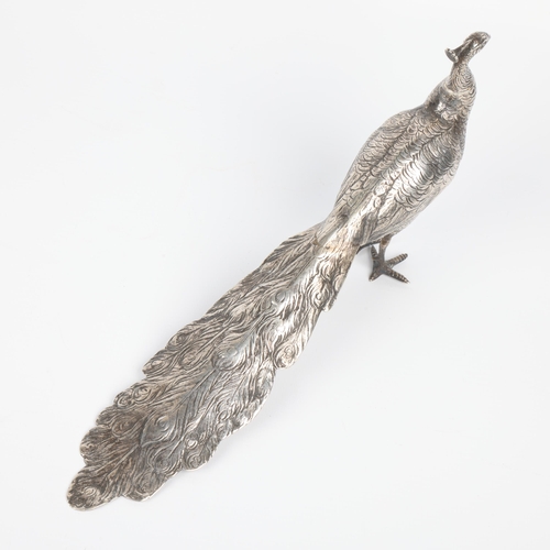 1601 - A large Antique German 800 silver figural peacock bird scent bottle/table scatter, circa 1900, 29cm,... 