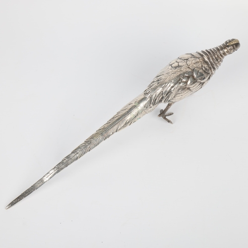 1602 - A heavy Antique German 800 silver figural pheasant bird table scatter, circa 1900, 34cm, 9.6oz