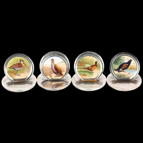 1603 - A Fine set of 4 Edwardian silver and enamel 'Game Bird' menu card holders, Sampson Mordan & Co Ltd, ... 