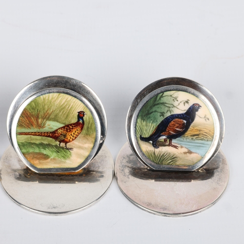 1603 - A Fine set of 4 Edwardian silver and enamel 'Game Bird' menu card holders, Sampson Mordan & Co Ltd, ... 