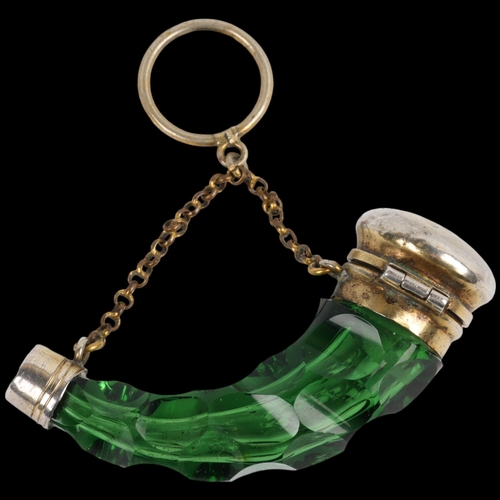 1610 - A Victorian miniature silver-mounted green glass cornucopia scent bottle, the faceted glass body wit... 