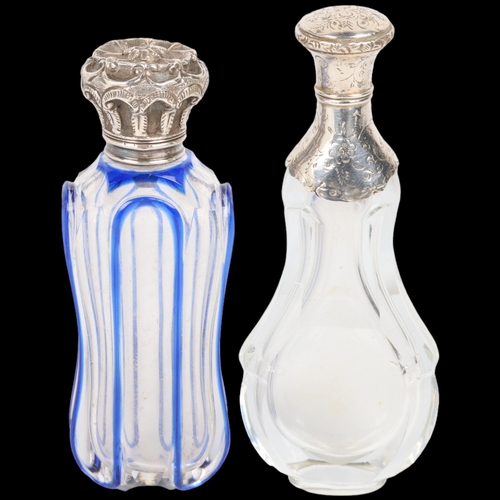 1613 - A 19th century French silver-mounted glass pear scent bottle, and a silver-mounted blue overlay glas... 