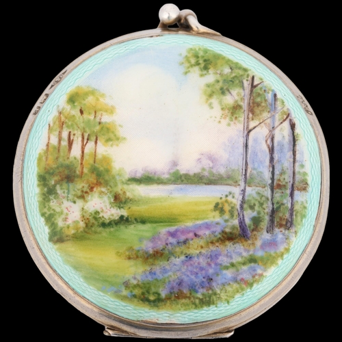 1622 - An Art Deco George V silver and enamel 'Woodland Landscape' powder compact, Rotherham & Sons, Birmin... 