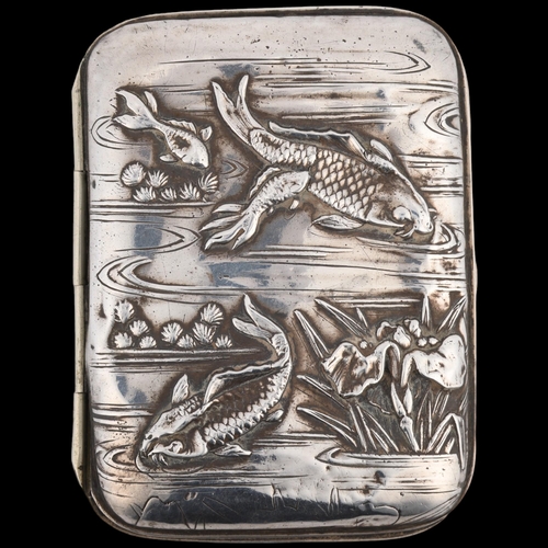 1626 - A Japanese silver 'Koi Carp' cigarette case, circa 1900, 8.5cm x 6.5cm, 2.2oz gross