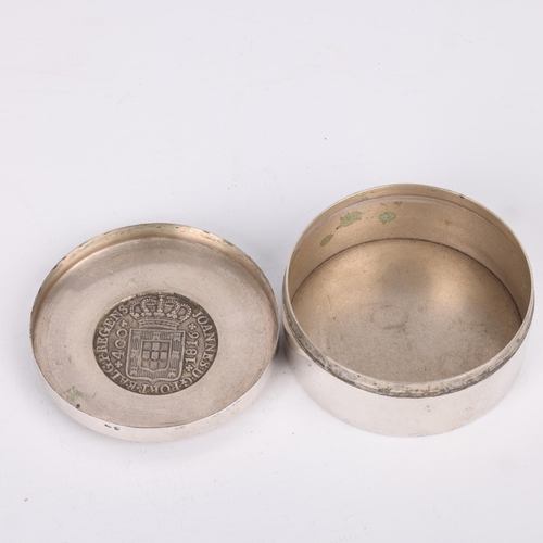 1633 - A Portuguese silver 1816 coin box, David Ferreira, cylindrical form with inset Portugal 400 Reis coi... 