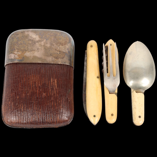 1639 - A George V silver-mounted leather travelling eating set, James Dixon & Sons Ltd, Sheffield 1919, ope... 