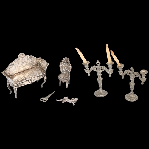 1644 - Various doll's house items, including German silver settee, import Chester 1901, 5.5cm, and filigree... 