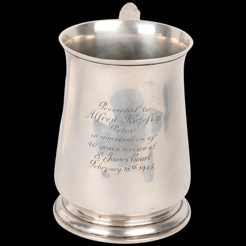 1650 - A George VI silver pint mug tankard, Harrods, London 1947, tapered cylindrical form with flared rim ... 