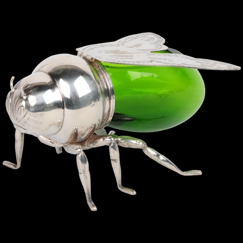 1651 - An Art Deco novelty silver plated green glass figural bee honeypot, circa 1930, 15cm