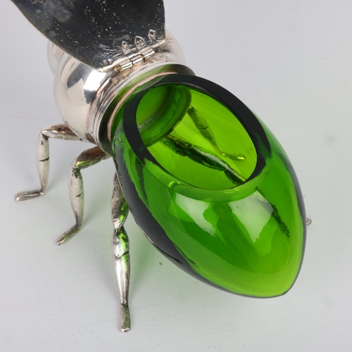 1651 - An Art Deco novelty silver plated green glass figural bee honeypot, circa 1930, 15cm