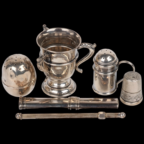 1677 - Various silver, including Edwardian novelty egg pepperette, Sampson Mordan & Co propelling pencil, c... 