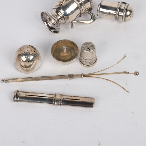 1677 - Various silver, including Edwardian novelty egg pepperette, Sampson Mordan & Co propelling pencil, c... 