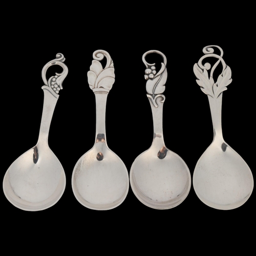 1682 - 4 Art Nouveau style Danish silver floral preserve spoons, circa 1930s/50s, 11cm, 1.6oz total