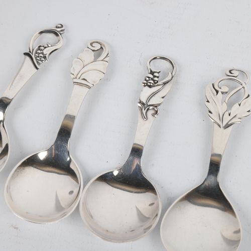 1682 - 4 Art Nouveau style Danish silver floral preserve spoons, circa 1930s/50s, 11cm, 1.6oz total