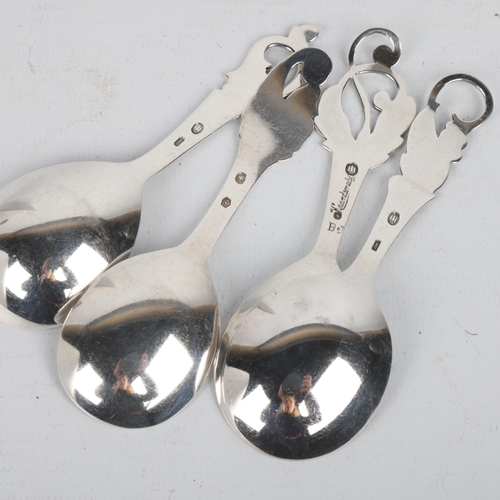 1682 - 4 Art Nouveau style Danish silver floral preserve spoons, circa 1930s/50s, 11cm, 1.6oz total