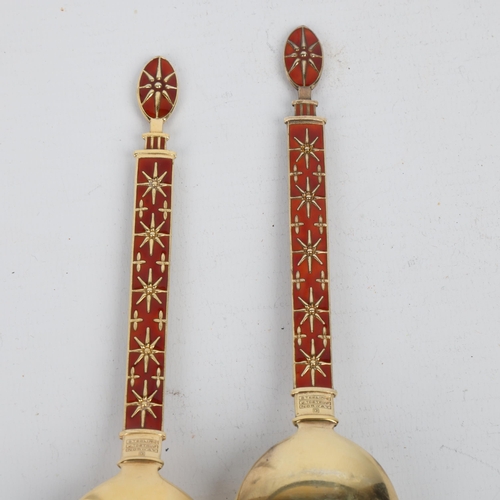 1688 - J TOSTRUP - a pair of Norwegian modernist sterling silver-gilt red enamel servers, Oslo circa 1940, ... 