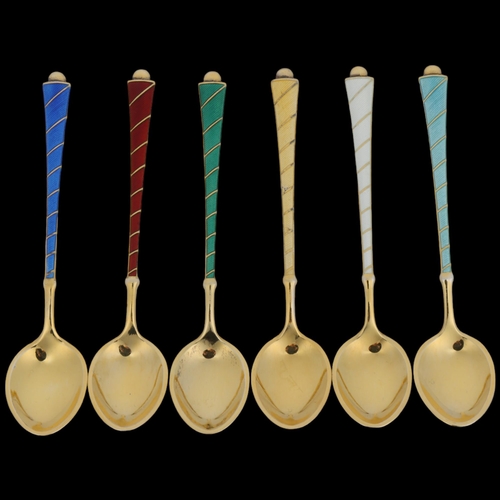 1689 - EGON LAURIDSEN - a set of 6 Danish vermeil sterling silver and harlequin enamel coffee spoons, 9.5cm