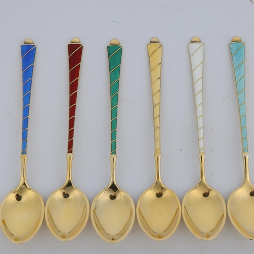 1689 - EGON LAURIDSEN - a set of 6 Danish vermeil sterling silver and harlequin enamel coffee spoons, 9.5cm