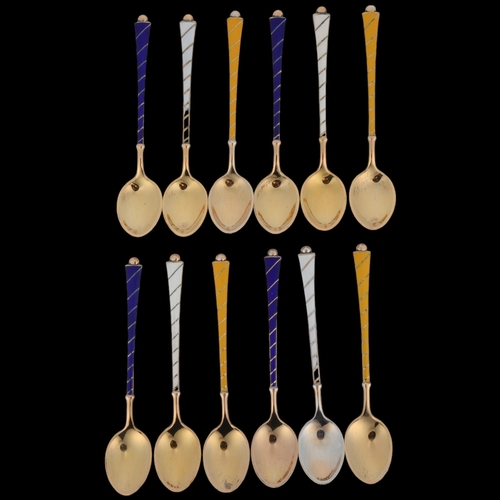 1690 - EGON LAURIDSEN - a set of 12 Danish vermeil sterling silver and three-colour enamel coffee spoons, c... 