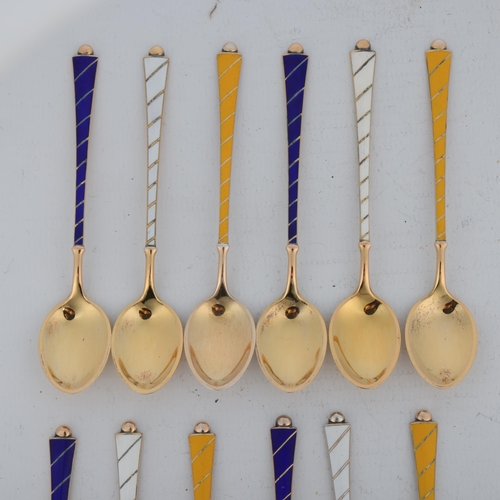 1690 - EGON LAURIDSEN - a set of 12 Danish vermeil sterling silver and three-colour enamel coffee spoons, c... 