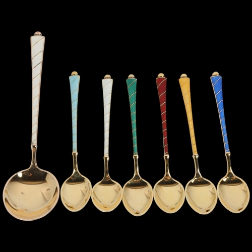 1691 - EGON LAURIDSEN - a set of 6 Danish vermeil sterling silver and harlequin enamel coffee spoons and si... 