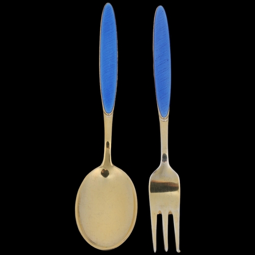 1692 - J TOSTRUP - a Norwegian vermeil sterling silver and blue enamel fork and spoon set, 14cm