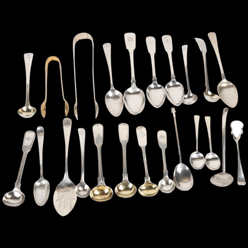 1696 - Various silver flatware, including George III sugar tongs, mustard spoons, teaspoons etc, 9.8oz tota... 