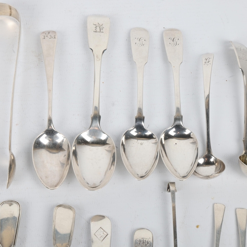 1696 - Various silver flatware, including George III sugar tongs, mustard spoons, teaspoons etc, 9.8oz tota... 