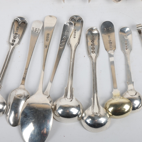 1696 - Various silver flatware, including George III sugar tongs, mustard spoons, teaspoons etc, 9.8oz tota... 