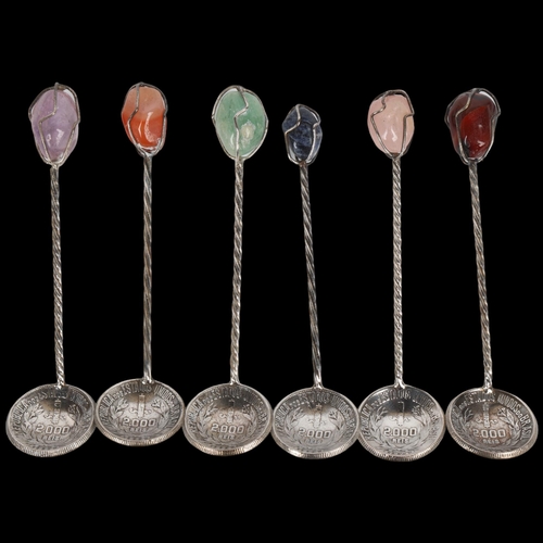 1699 - A set of 6 Brazilian silver 2000 Reis coin coffee spoons, each set with hardstone terminal and spira... 