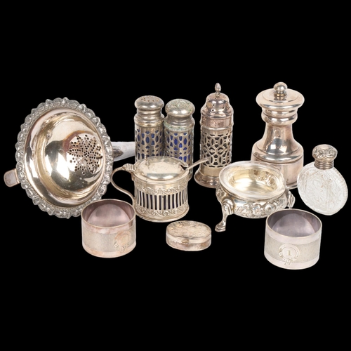 1703 - Various silver and plate, including Mappin & Webb silver peppermill, miniature scent flask, etc