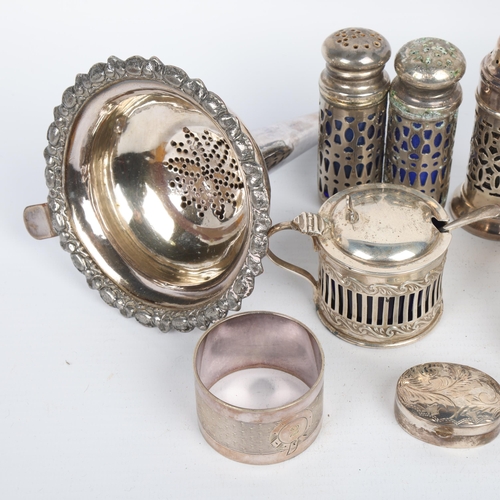 1703 - Various silver and plate, including Mappin & Webb silver peppermill, miniature scent flask, etc