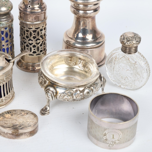 1703 - Various silver and plate, including Mappin & Webb silver peppermill, miniature scent flask, etc