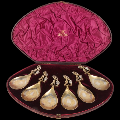 1705 - A cased set of 6 parcel-gilt silver 16th century style Scandinavian spoons, CJ Vander, London 1897, ... 