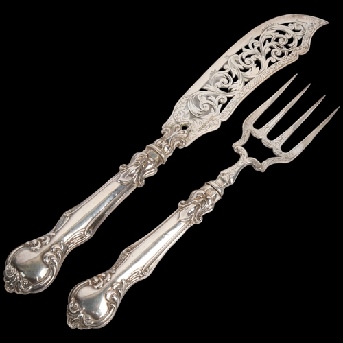 1708 - A pair of Victorian silver fish servers, Hilliard & Thomason, Birmingham 1853, knife 32cm, 8.3oz gro... 