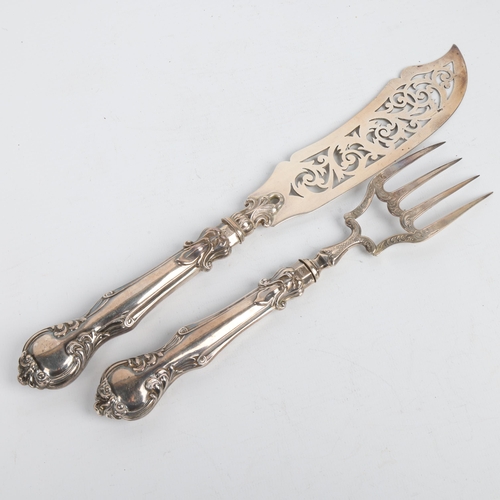 1708 - A pair of Victorian silver fish servers, Hilliard & Thomason, Birmingham 1853, knife 32cm, 8.3oz gro... 