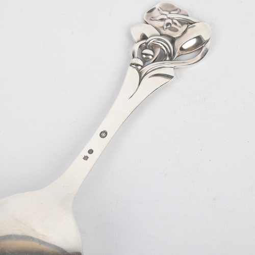 1709 - A large Art Nouveau style Danish stylised silver floral serving spoon, circa 1949, 22.5cm, 3.1oz